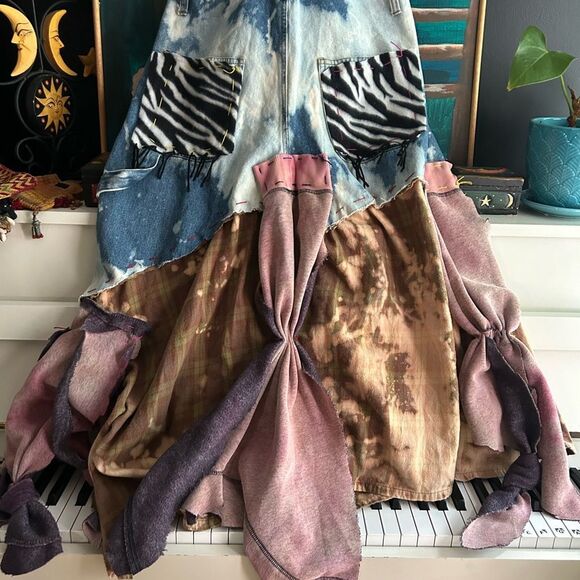 Upcycled Asymmetrical Tie-Dye Dress Denim Patchwork One Size Zebra - Picture 5 of 15